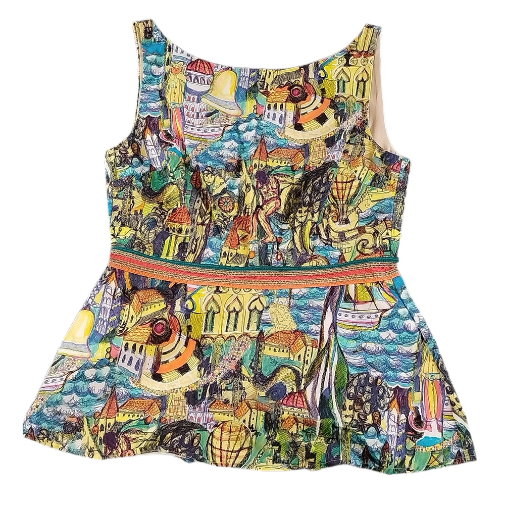 Weston Anthropologie Peplum Tank Top Cityscape Print Cotton Blend Size XS Urban